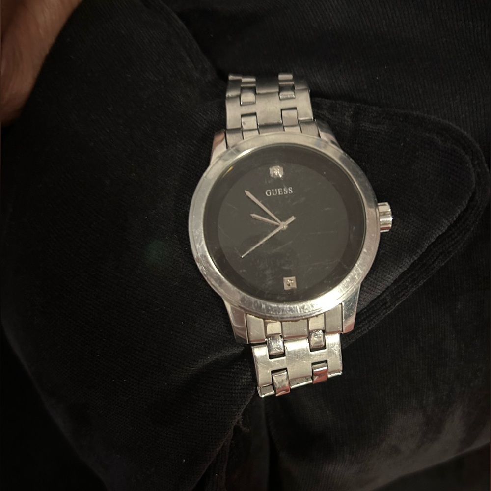 GUESS Silver Stainless Steel Watch with Black Dial